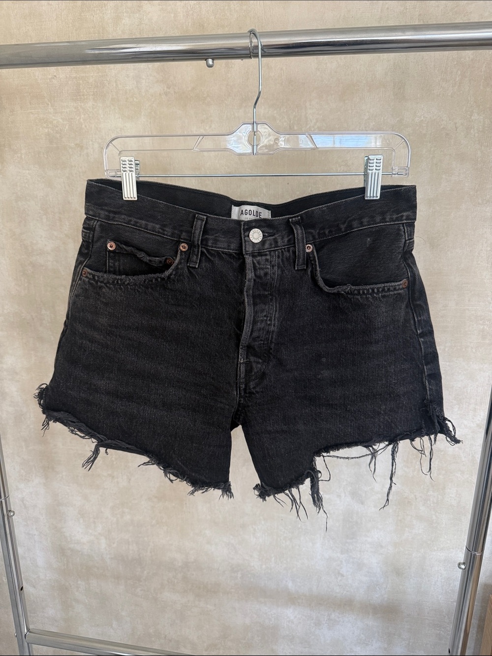 Agolde Black Distressed Frayed Denim Cutoff Shorts